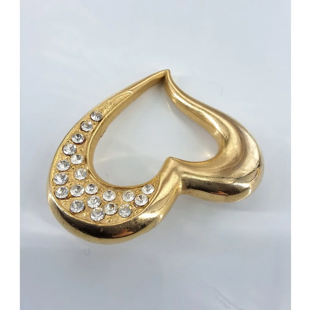 Vintage Gold‎ Tone Pavé Rhinestone Open Heart Brooch Pin 1990s Romantic